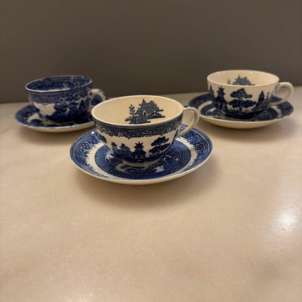 Vintage Set Of 3 Mismatched Blue Willow Tea Cup And Saucers Japan England